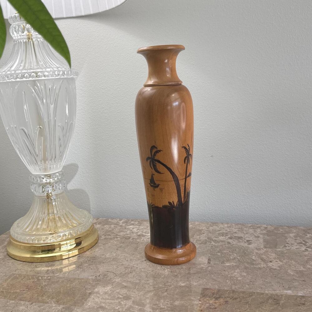 Vintage tall turned wooden vase with tropical scene and detachable top